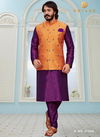 Orange Colour Traditional Jacquard Silk Party Wear Kurta Pajama With Jacket Mens Collection 37004